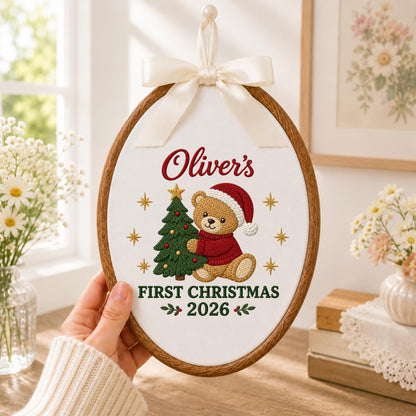 Personalized First Christmas Embroidered Ornament, Baby Name Teddy Bear Christmas Keepsake, Custom 1st Christmas Nursery Gift