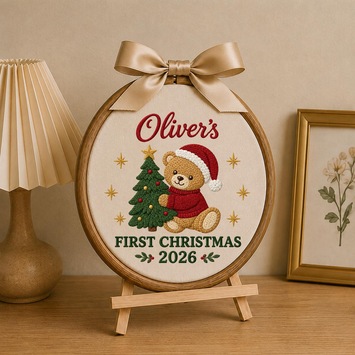 Personalized First Christmas Embroidered Ornament, Baby Name Teddy Bear Christmas Keepsake, Custom 1st Christmas Nursery Gift