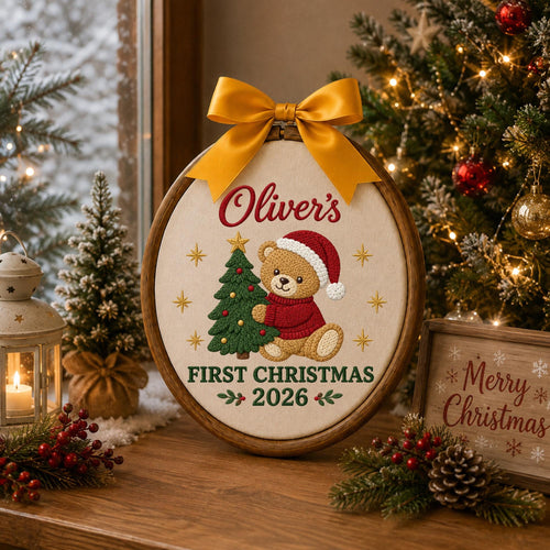 Personalized First Christmas Embroidered Ornament, Baby Name Teddy Bear Christmas Keepsake, Custom 1st Christmas Nursery Gift
