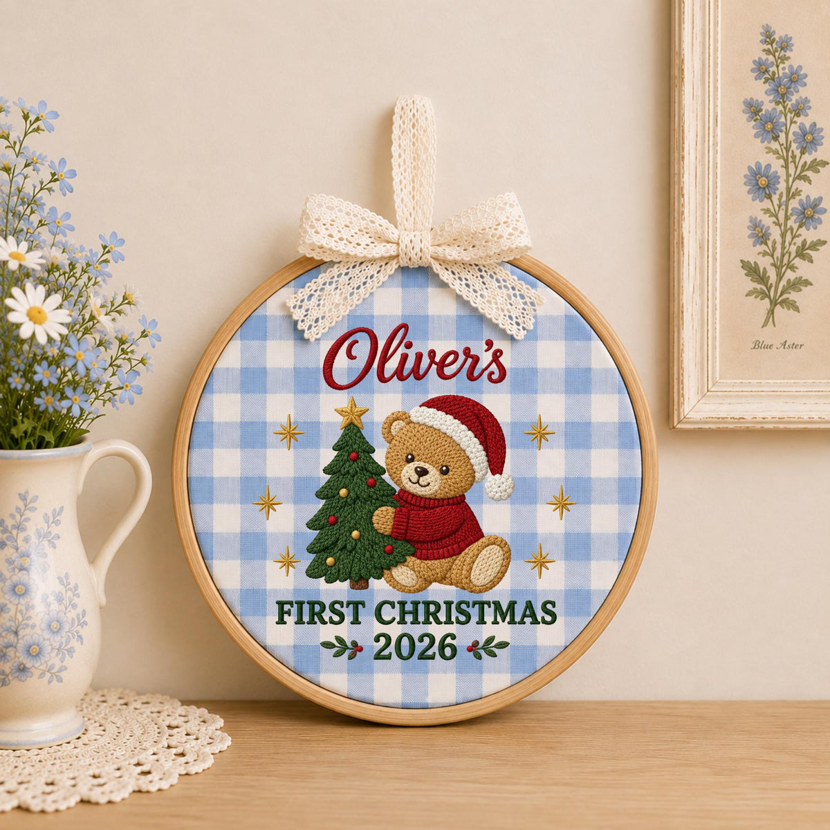 Personalized First Christmas Embroidered Ornament, Baby Name Teddy Bear Christmas Keepsake, Custom 1st Christmas Nursery Gift