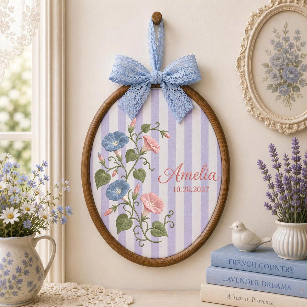 Personalized Morning Glory Embroidered Ornament, Custom Floral Baby Name Sign, Birth Flower Nursery Decor, Baby Girl Keepsake Gift