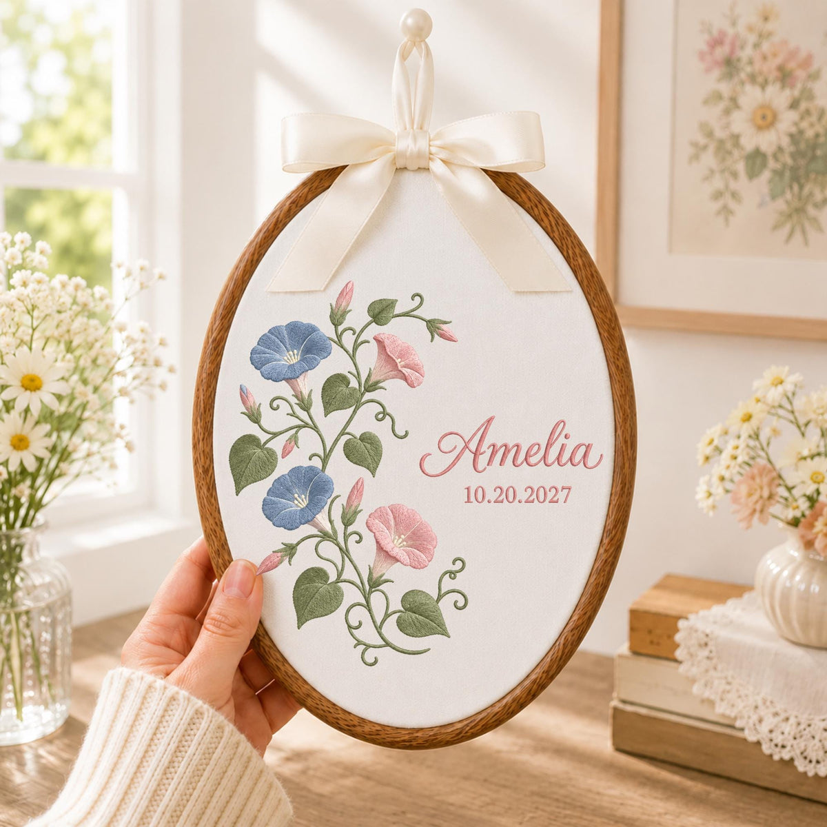 Personalized Morning Glory Embroidered Ornament, Custom Floral Baby Name Sign, Birth Flower Nursery Decor, Baby Girl Keepsake Gift