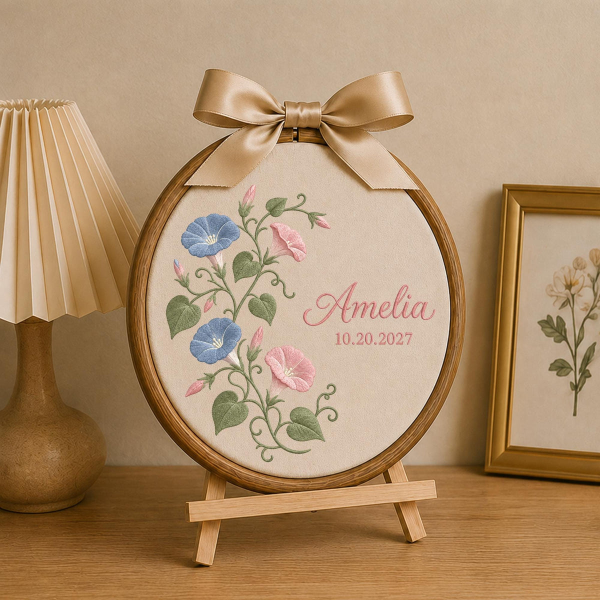 Personalized Morning Glory Embroidered Ornament, Custom Floral Baby Name Sign, Birth Flower Nursery Decor, Baby Girl Keepsake Gift