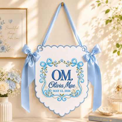 Personalized Monogram Banner Olivia Mae Name Wall Hanging Lavender Bow Decor Custom Initial Baby Girl Keepsake Gift