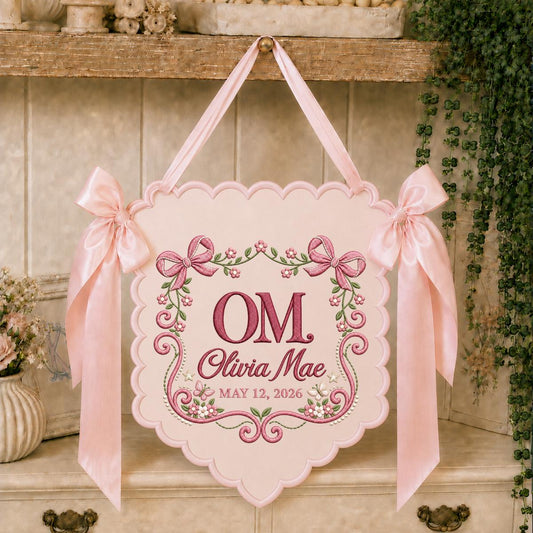 Personalized Monogram Banner Olivia Mae Name Wall Hanging Lavender Bow Decor Custom Initial Baby Girl Keepsake Gift