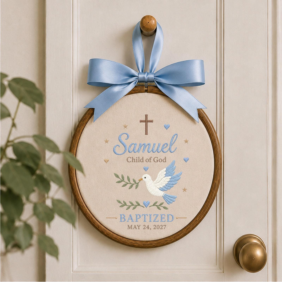 Personalized Baptism Embroidered Ornament, Custom Child of God Name Keepsake, Dove Cross Christening Gift, Baby Boy Baptism Decor