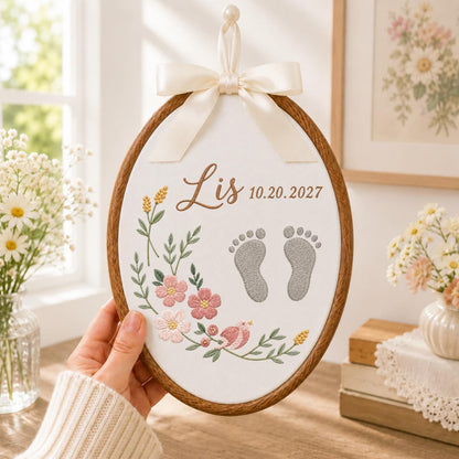 Personalized Baby Footprint Embroidered Ornament, Custom Baby Name Birth Keepsake, Floral Newborn Nursery Decor, Baby Shower Gift