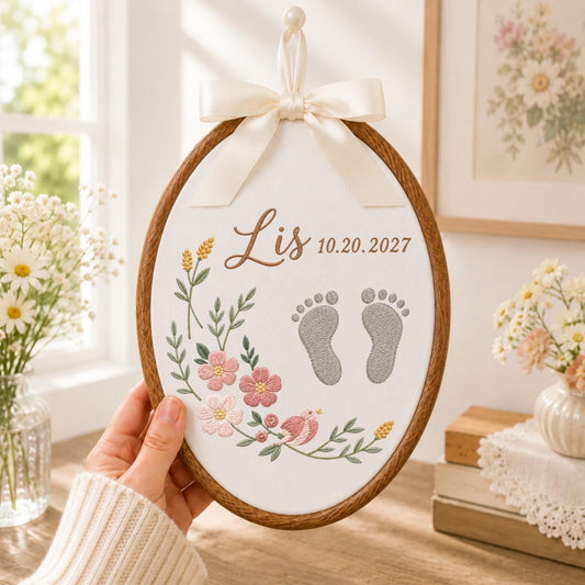 Personalized Baby Footprint Embroidered Ornament, Custom Baby Name Birth Keepsake, Floral Newborn Nursery Decor, Baby Shower Gift