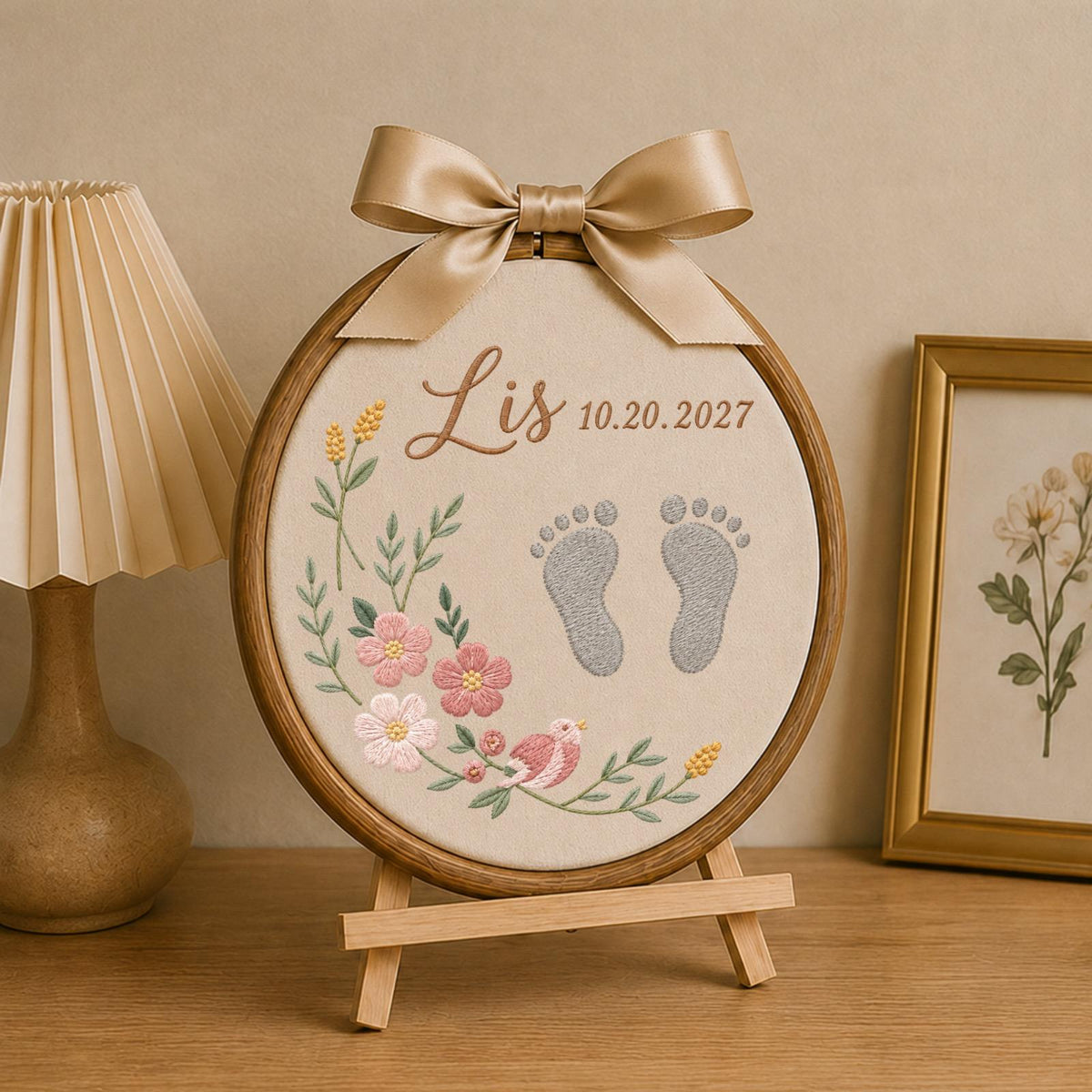 Personalized Baby Footprint Embroidered Ornament, Custom Baby Name Birth Keepsake, Floral Newborn Nursery Decor, Baby Shower Gift