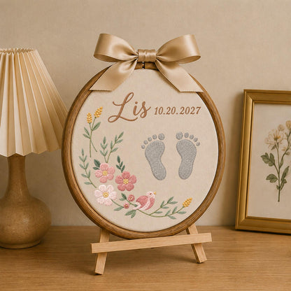 Personalized Baby Footprint Embroidered Ornament, Custom Baby Name Birth Keepsake, Floral Newborn Nursery Decor, Baby Shower Gift