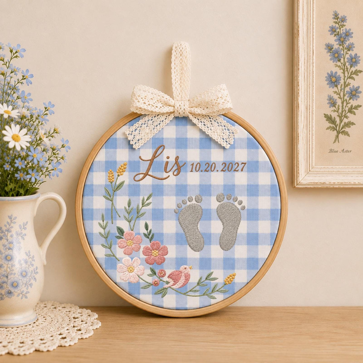 Personalized Baby Footprint Embroidered Ornament, Custom Baby Name Birth Keepsake, Floral Newborn Nursery Decor, Baby Shower Gift