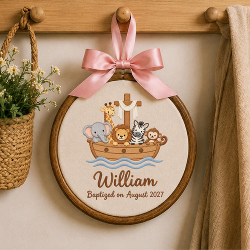 Personalized Noahs Ark Embroidered Ornament, Baptism Baby Name Keepsake, Christian Nursery Decor, Safari Animal Christening Gift