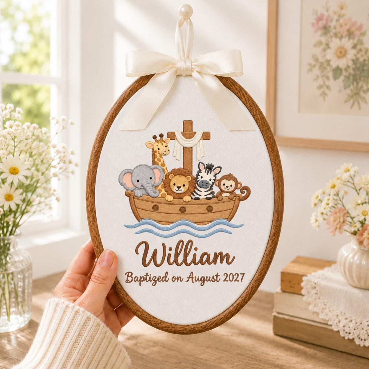 Personalized Noahs Ark Embroidered Ornament, Baptism Baby Name Keepsake, Christian Nursery Decor, Safari Animal Christening Gift
