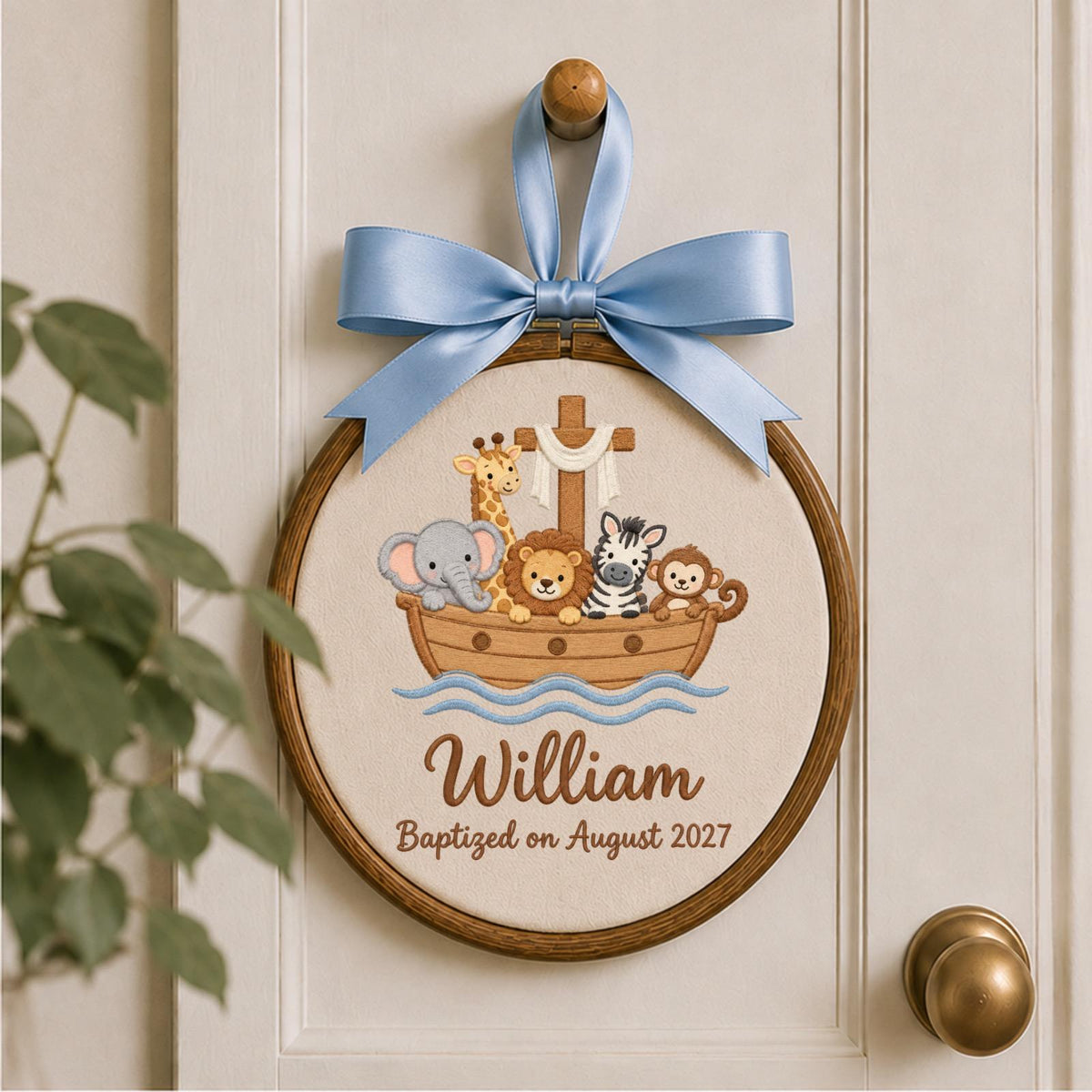 Personalized Noahs Ark Embroidered Ornament, Baptism Baby Name Keepsake, Christian Nursery Decor, Safari Animal Christening Gift