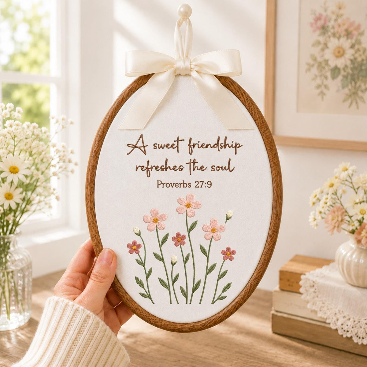 Personalized Friendship Embroidered Ornament, Proverbs 27:9 Bible Verse Gift, Christian Friend Keepsake, Wildflower Faith Decor
