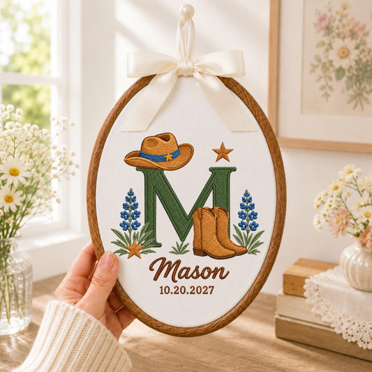 Personalized Cowboy Embroidered Ornament, Western Baby Name Sign, Monogram Nursery Decor, Cowboy Boots Baby Boy Gift, Western Keepsake