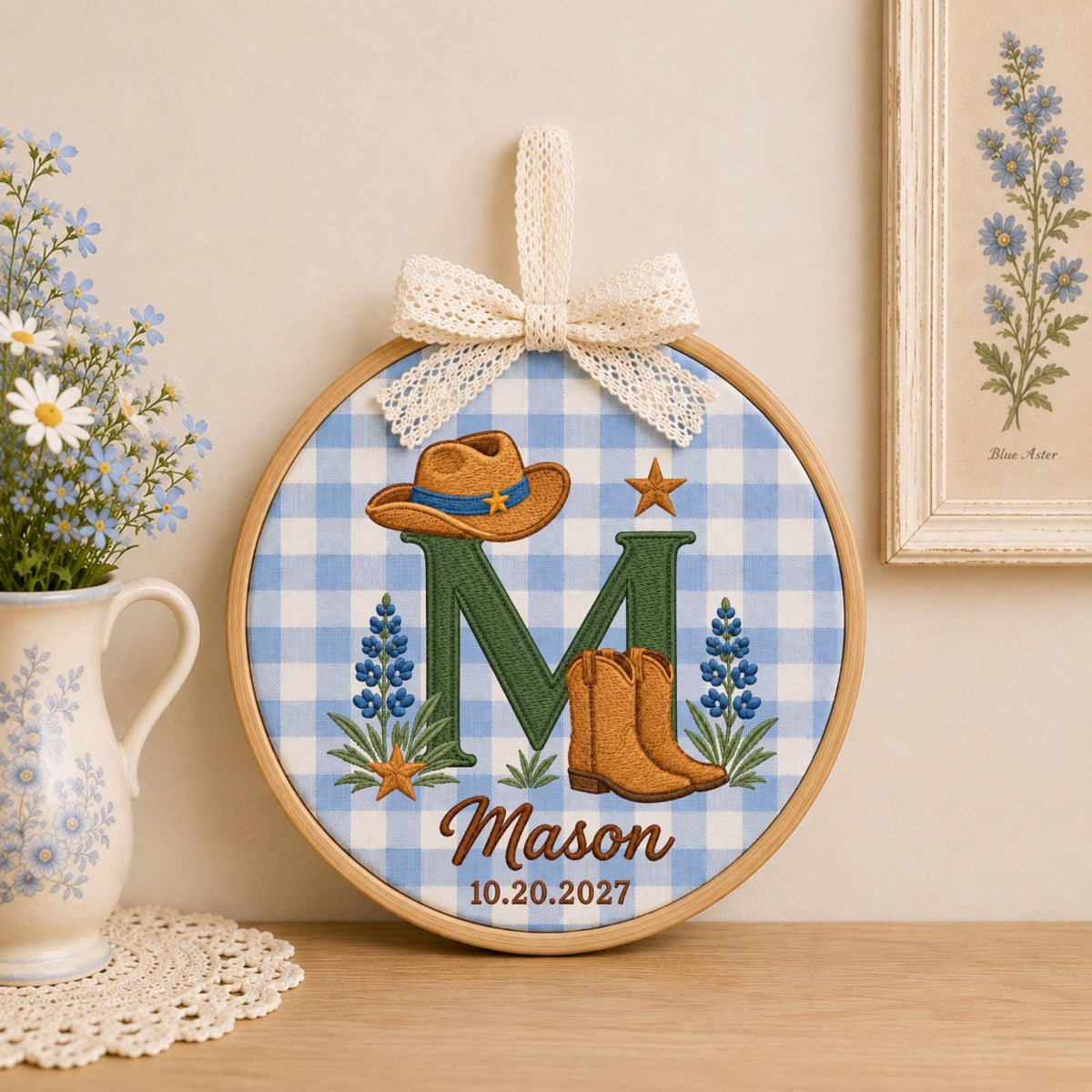 Personalized Cowboy Embroidered Ornament, Western Baby Name Sign, Monogram Nursery Decor, Cowboy Boots Baby Boy Gift, Western Keepsake