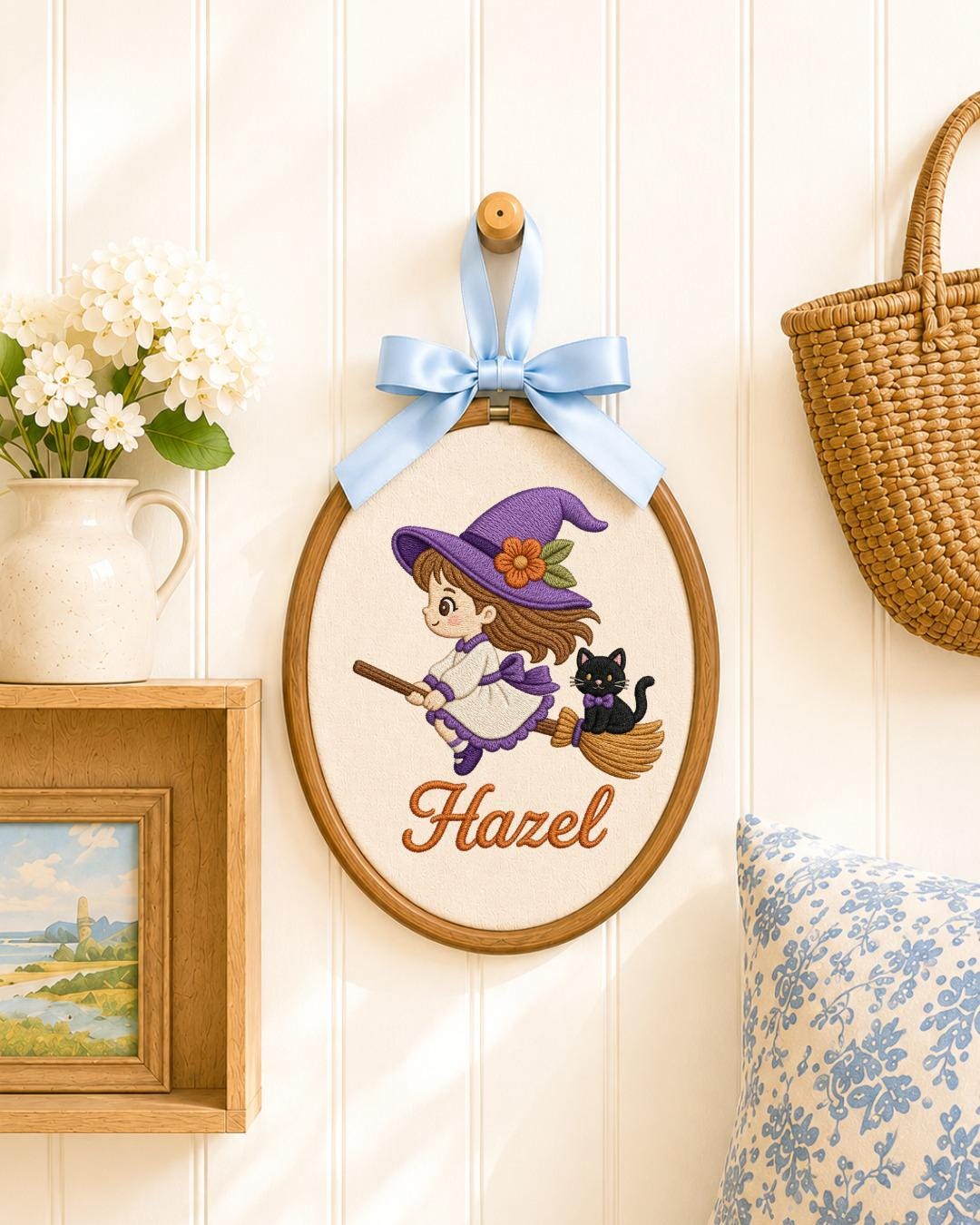 Personalized Witch Girl Embroidered Ornament, Custom Halloween Name Hoop, Cute Witch and Black Cat Decor, Halloween Gift for Girl