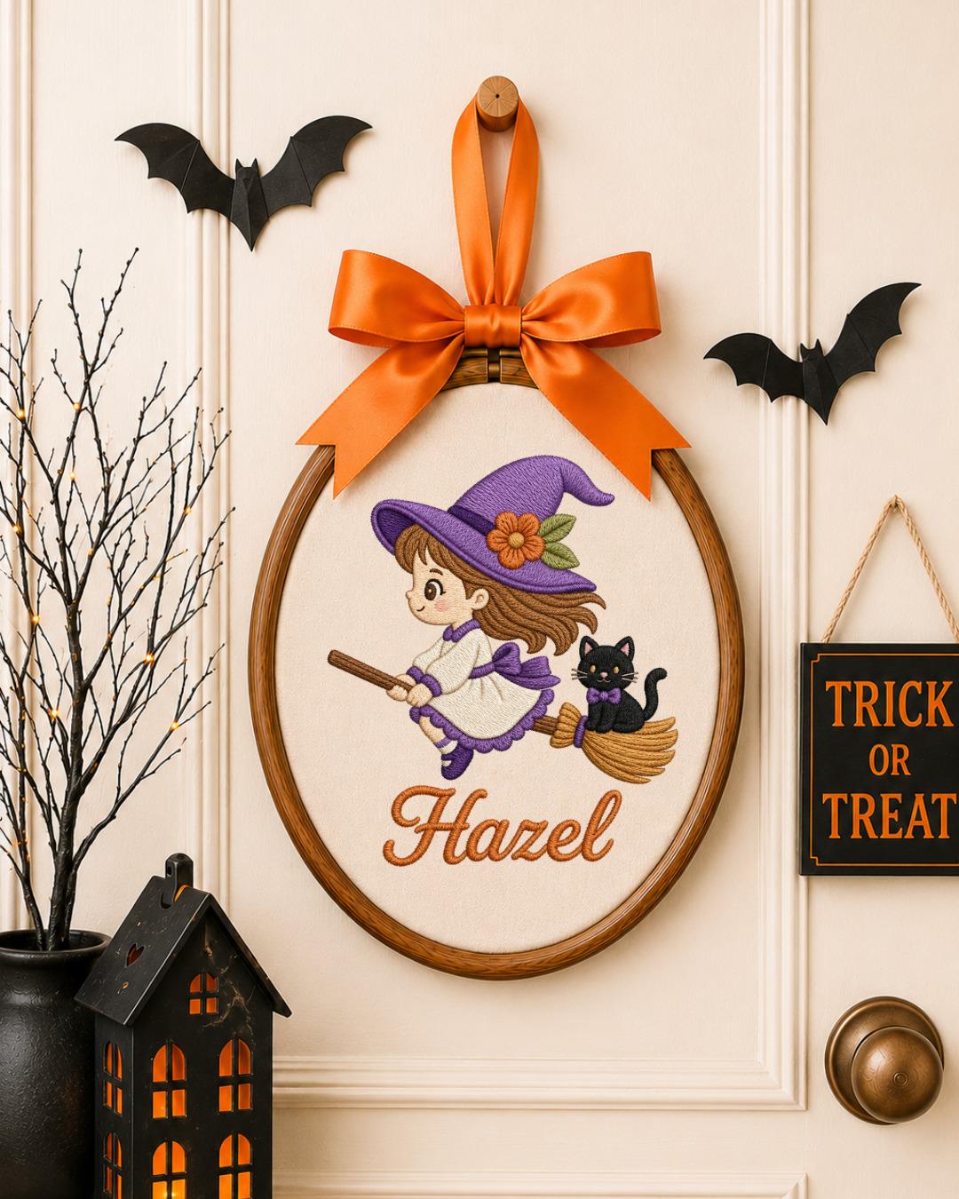 Personalized Witch Girl Embroidered Ornament, Custom Halloween Name Hoop, Cute Witch and Black Cat Decor, Halloween Gift for Girl