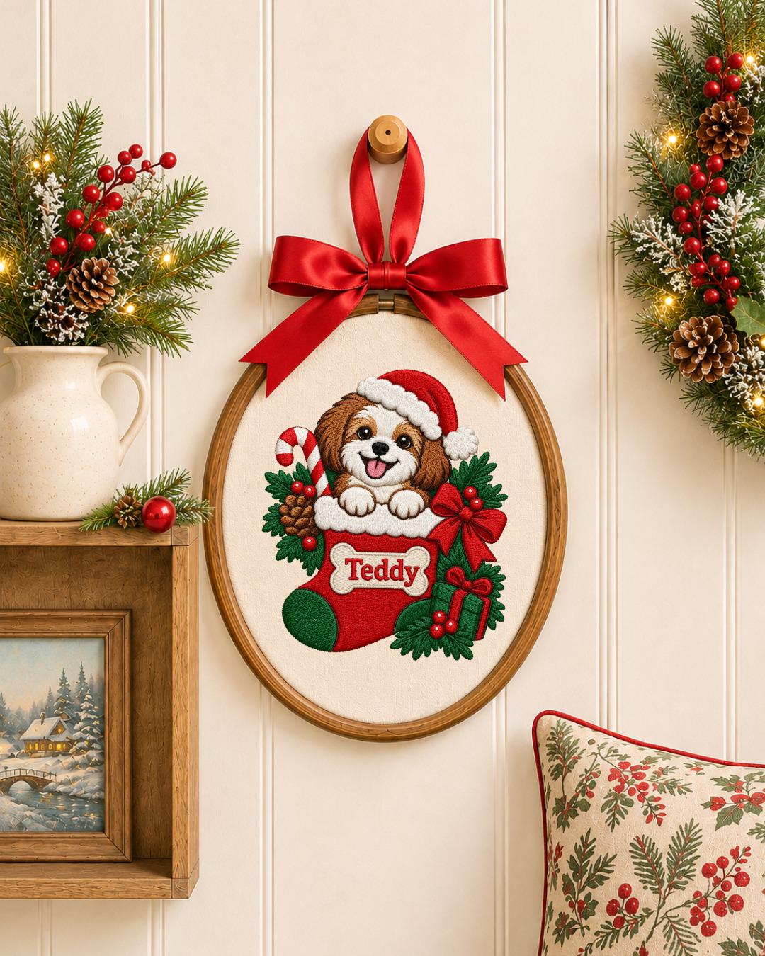 Personalized Christmas Dog Embroidered Ornament, Custom Pet Name Stocking Hoop, Dog Lover Christmas Gift, Holiday Pet Keepsake