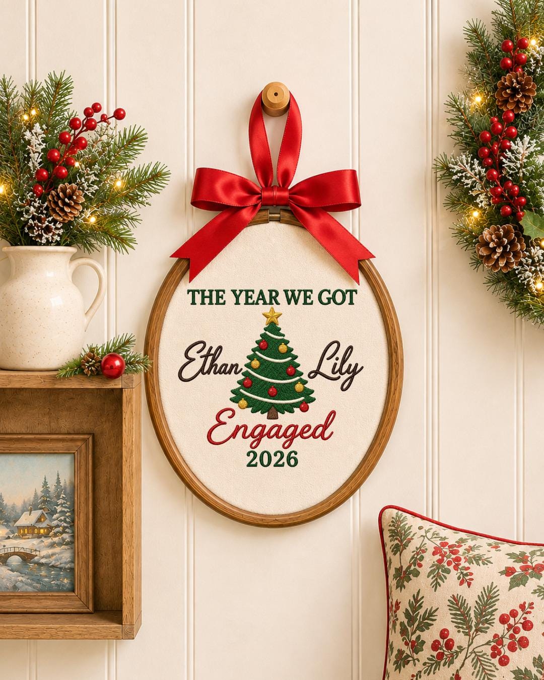 Personalized Engagement Embroidered Ornament, Custom Couple Names Christmas Hoop, The Year We Got Engaged Keepsake, Fiancé Gift
