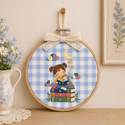 Embroidered Reading Girl Wall Hanging Oval Hoop Decor Book Lover Gift Cat Lover Nursery Room Art Lavender Bow Ornament