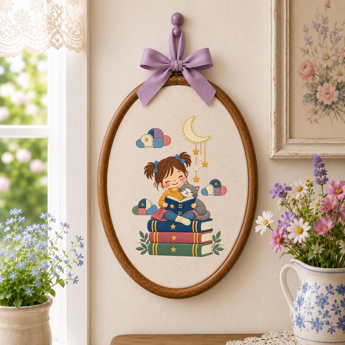 Embroidered Reading Girl Wall Hanging Oval Hoop Decor Book Lover Gift Cat Lover Nursery Room Art Lavender Bow Ornament