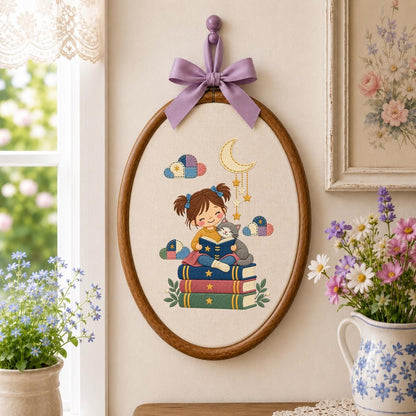 Embroidered Reading Girl Wall Hanging Oval Hoop Decor Book Lover Gift Cat Lover Nursery Room Art Lavender Bow Ornament