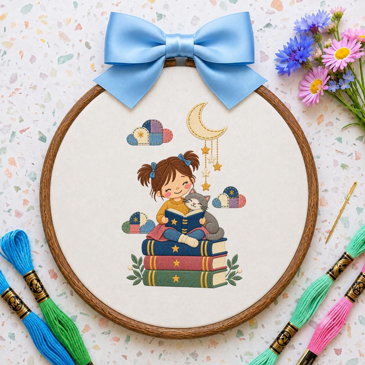 Embroidered Reading Girl Wall Hanging Oval Hoop Decor Book Lover Gift Cat Lover Nursery Room Art Lavender Bow Ornament
