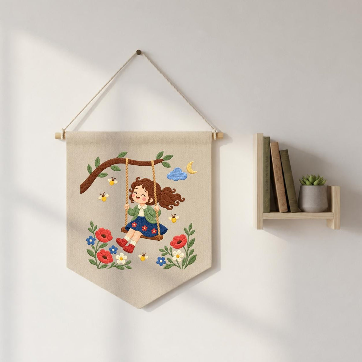 Embroidered Girl Swing Wall Hanging Floral Nursery Banner Garden Decor Handmade Baby Girl Room Gift