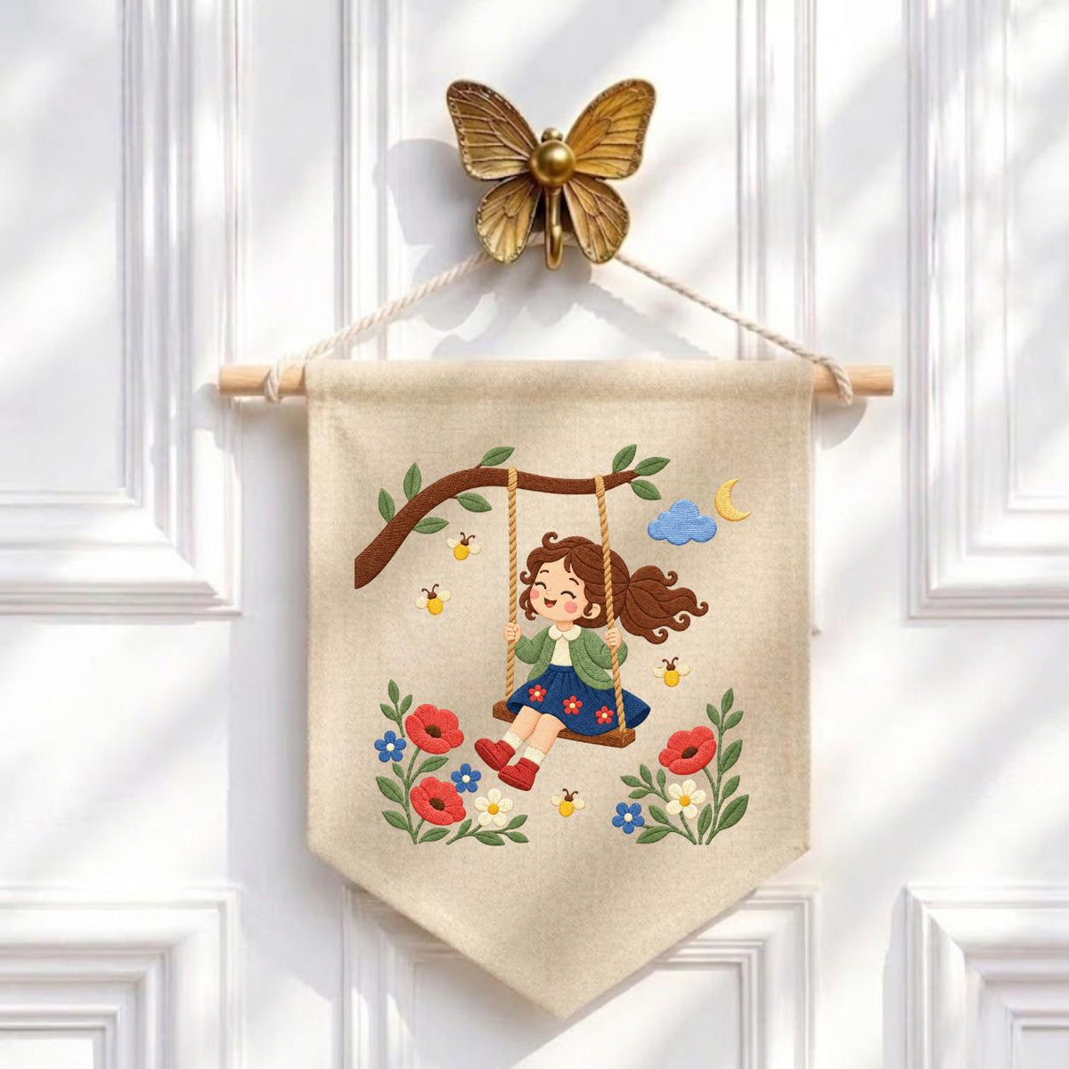 Embroidered Girl Swing Wall Hanging Floral Nursery Banner Garden Decor Handmade Baby Girl Room Gift