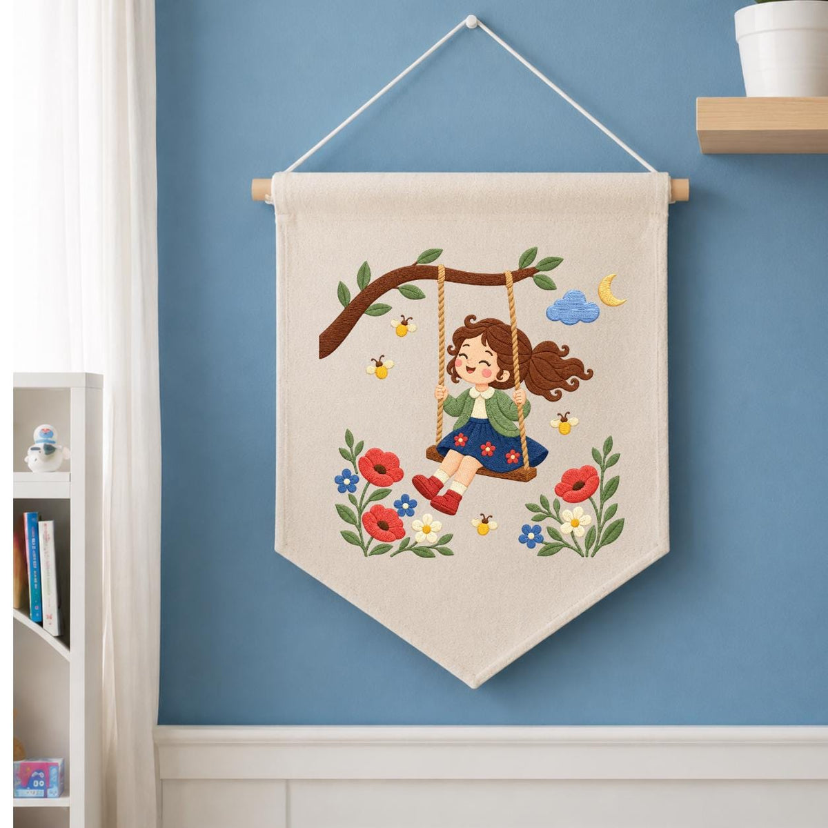 Embroidered Girl Swing Wall Hanging Floral Nursery Banner Garden Decor Handmade Baby Girl Room Gift