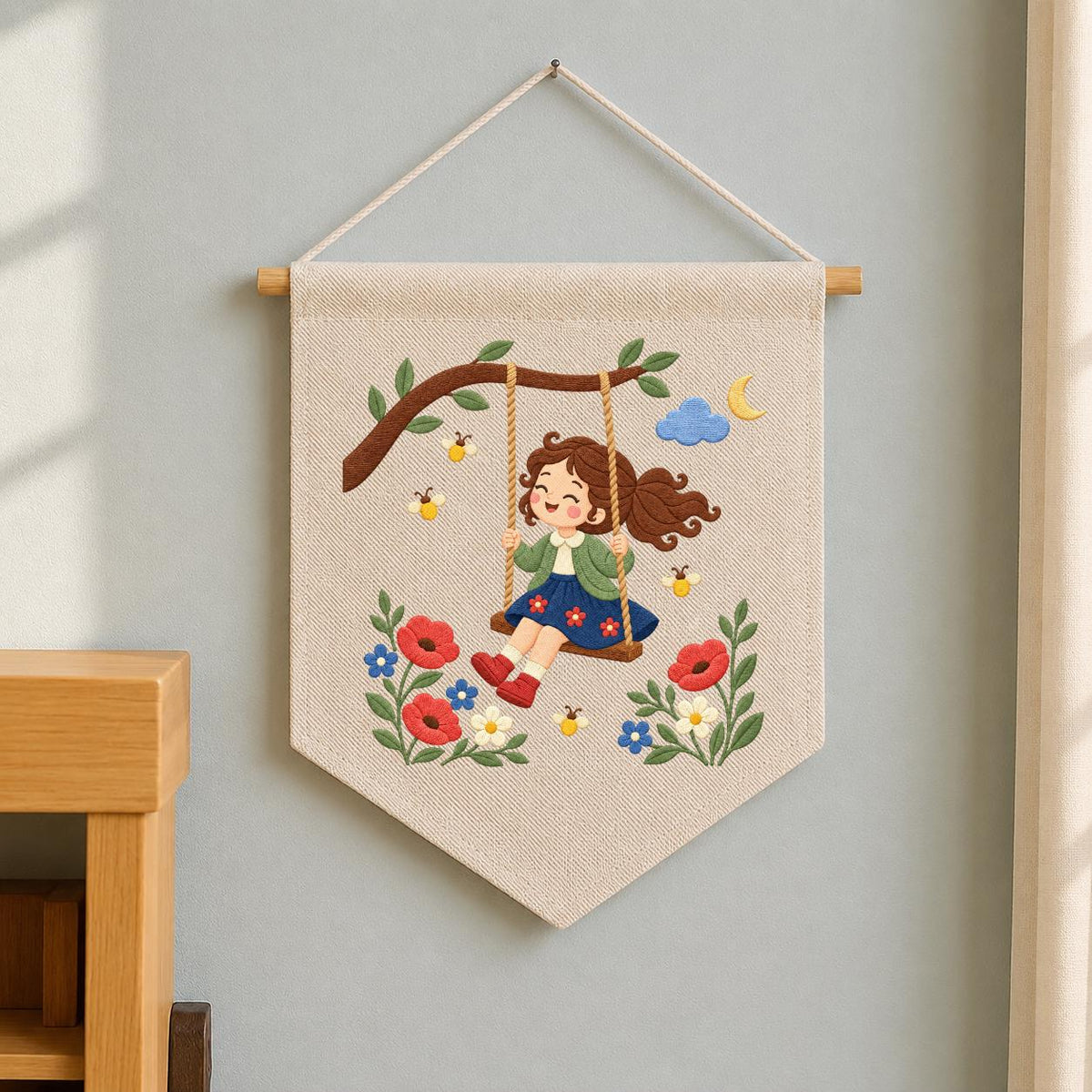 Embroidered Girl Swing Wall Hanging Floral Nursery Banner Garden Decor Handmade Baby Girl Room Gift