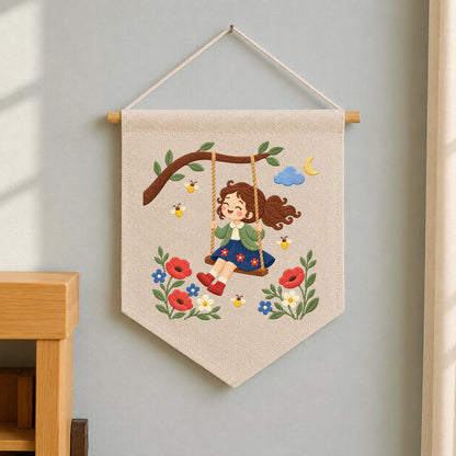 Embroidered Girl Swing Wall Hanging Floral Nursery Banner Garden Decor Handmade Baby Girl Room Gift