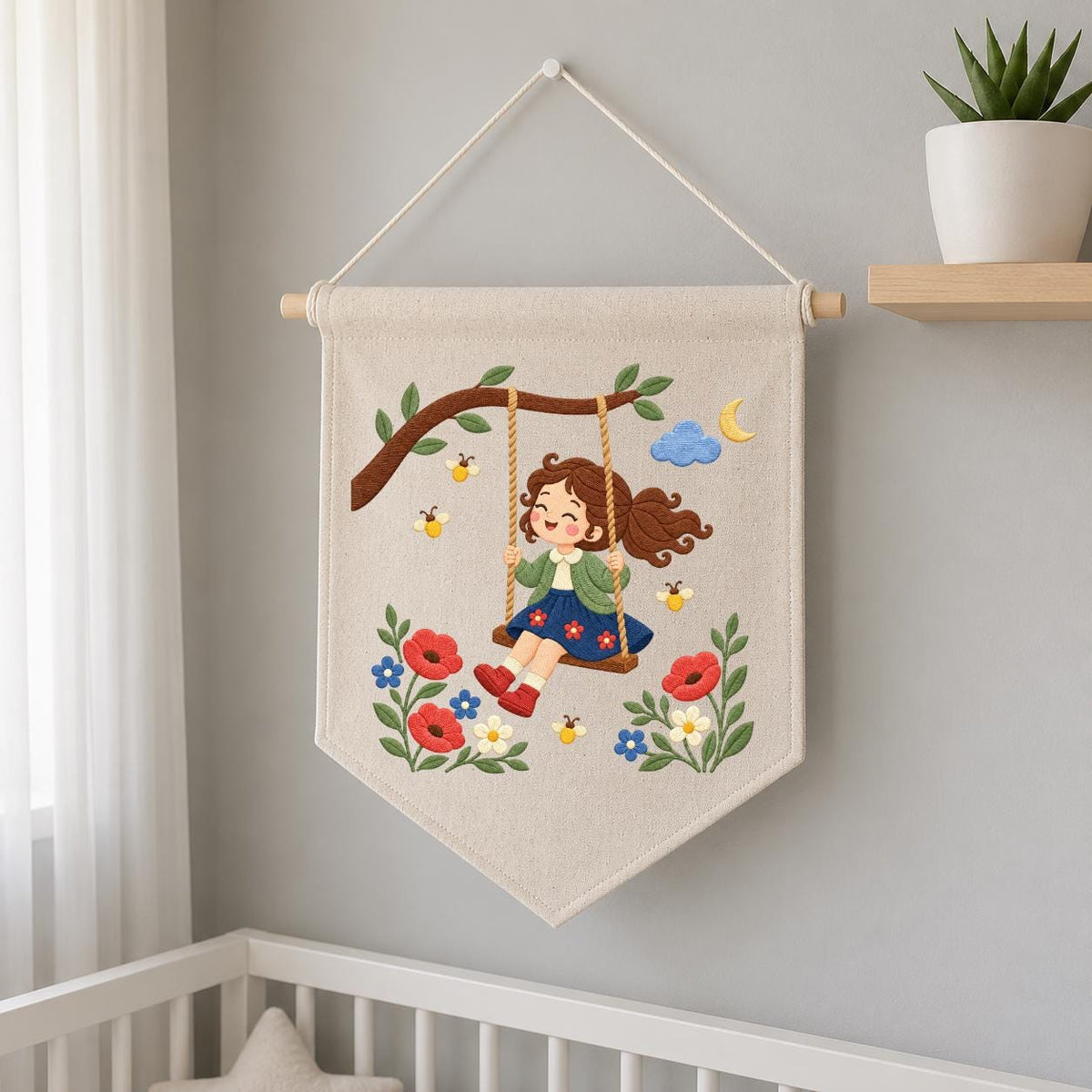 Embroidered Girl Swing Wall Hanging Floral Nursery Banner Garden Decor Handmade Baby Girl Room Gift