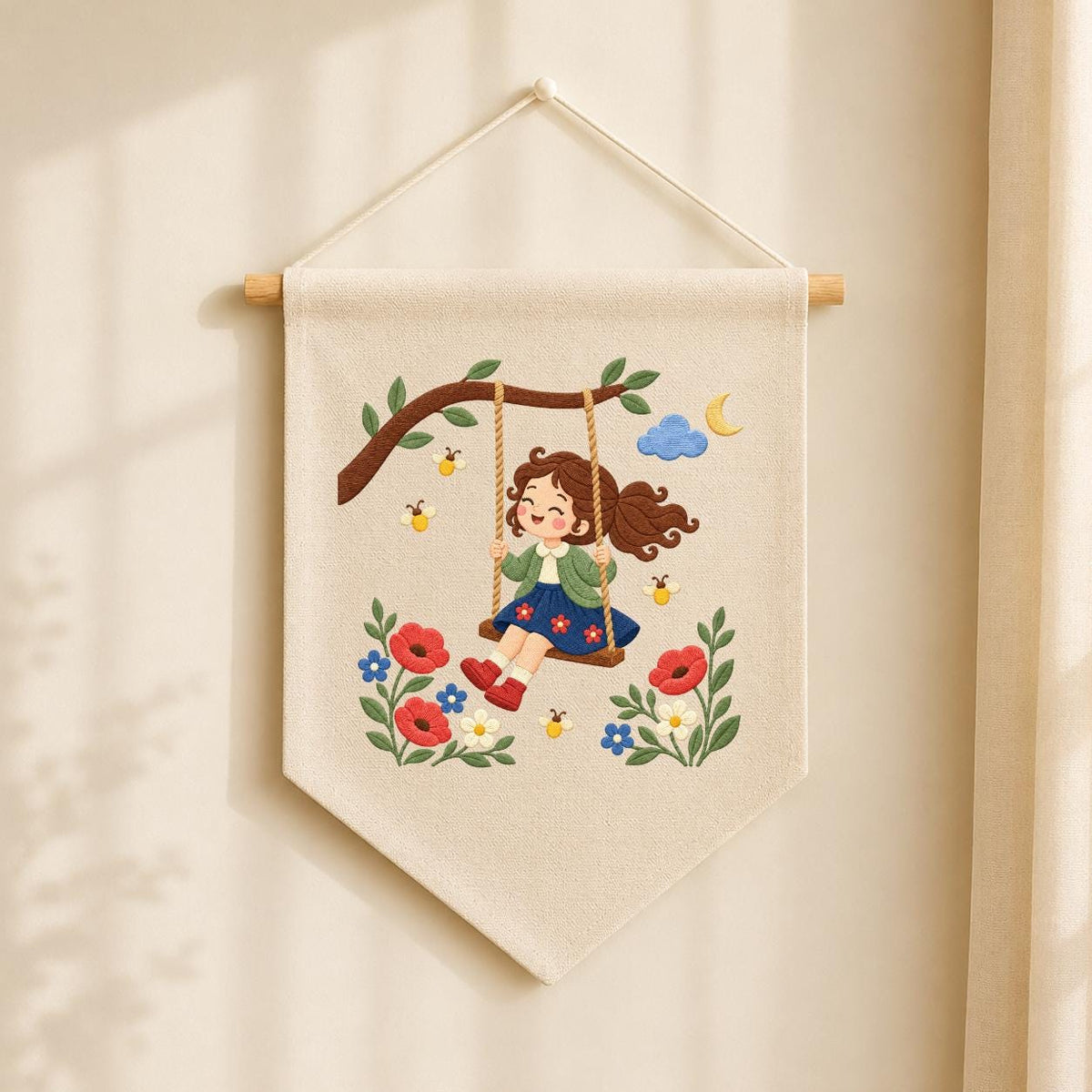 Embroidered Girl Swing Wall Hanging Floral Nursery Banner Garden Decor Handmade Baby Girl Room Gift