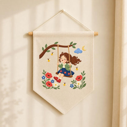 Embroidered Girl Swing Wall Hanging Floral Nursery Banner Garden Decor Handmade Baby Girl Room Gift