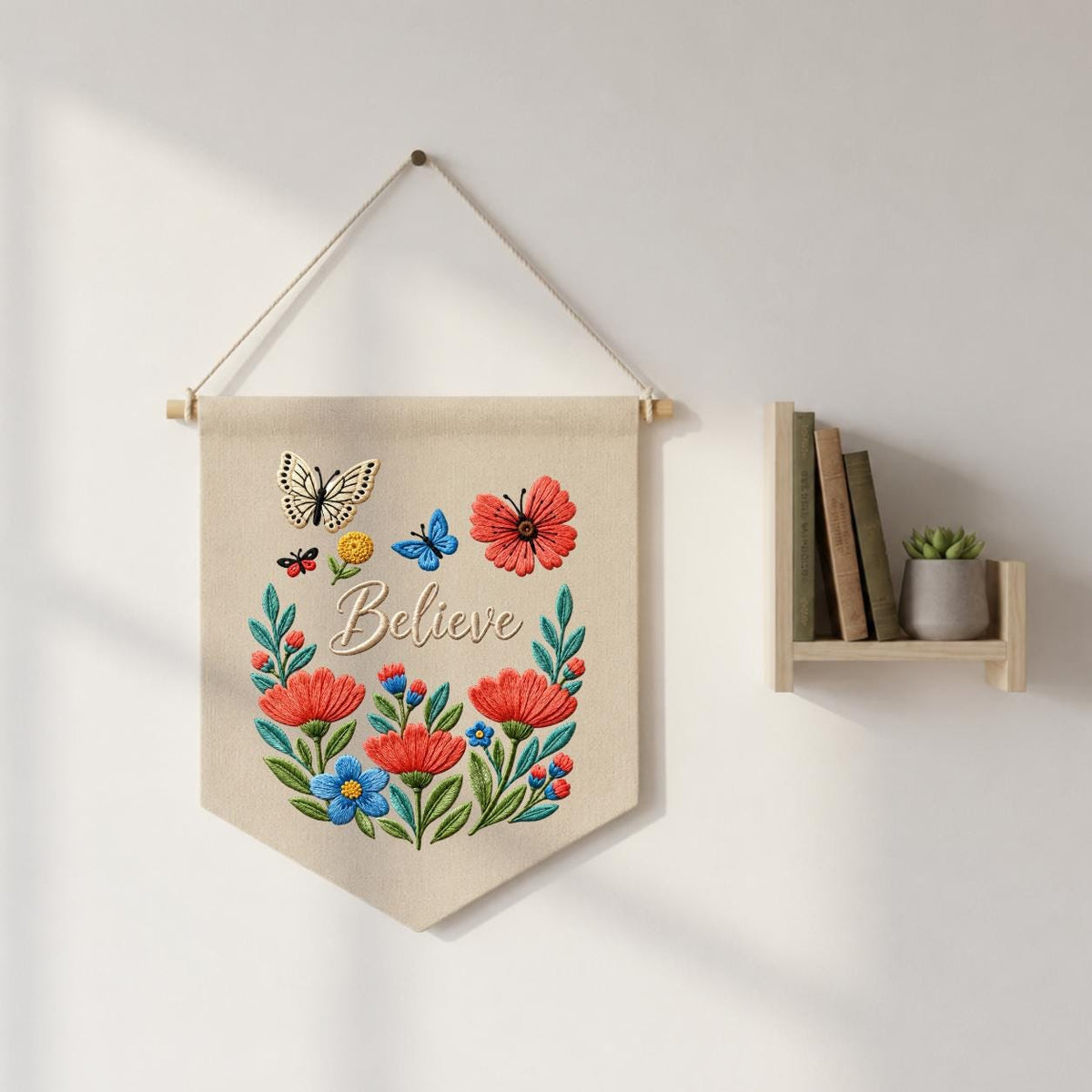 Personalized Believe Floral Wall Hanging Banner Embroidered Butterfly Garden Decor Inspirational Quote Pennant Gift for Bedroom Nursery Home