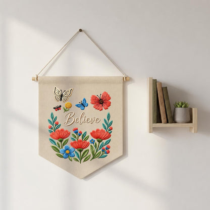 Personalized Believe Floral Wall Hanging Banner Embroidered Butterfly Garden Decor Inspirational Quote Pennant Gift for Bedroom Nursery Home