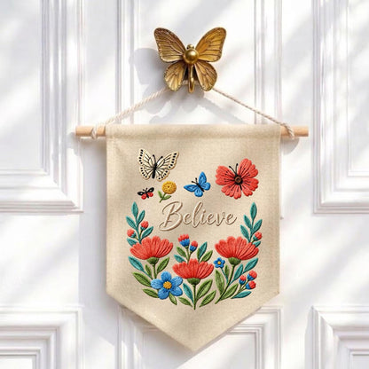 Personalized Believe Floral Wall Hanging Banner Embroidered Butterfly Garden Decor Inspirational Quote Pennant Gift for Bedroom Nursery Home