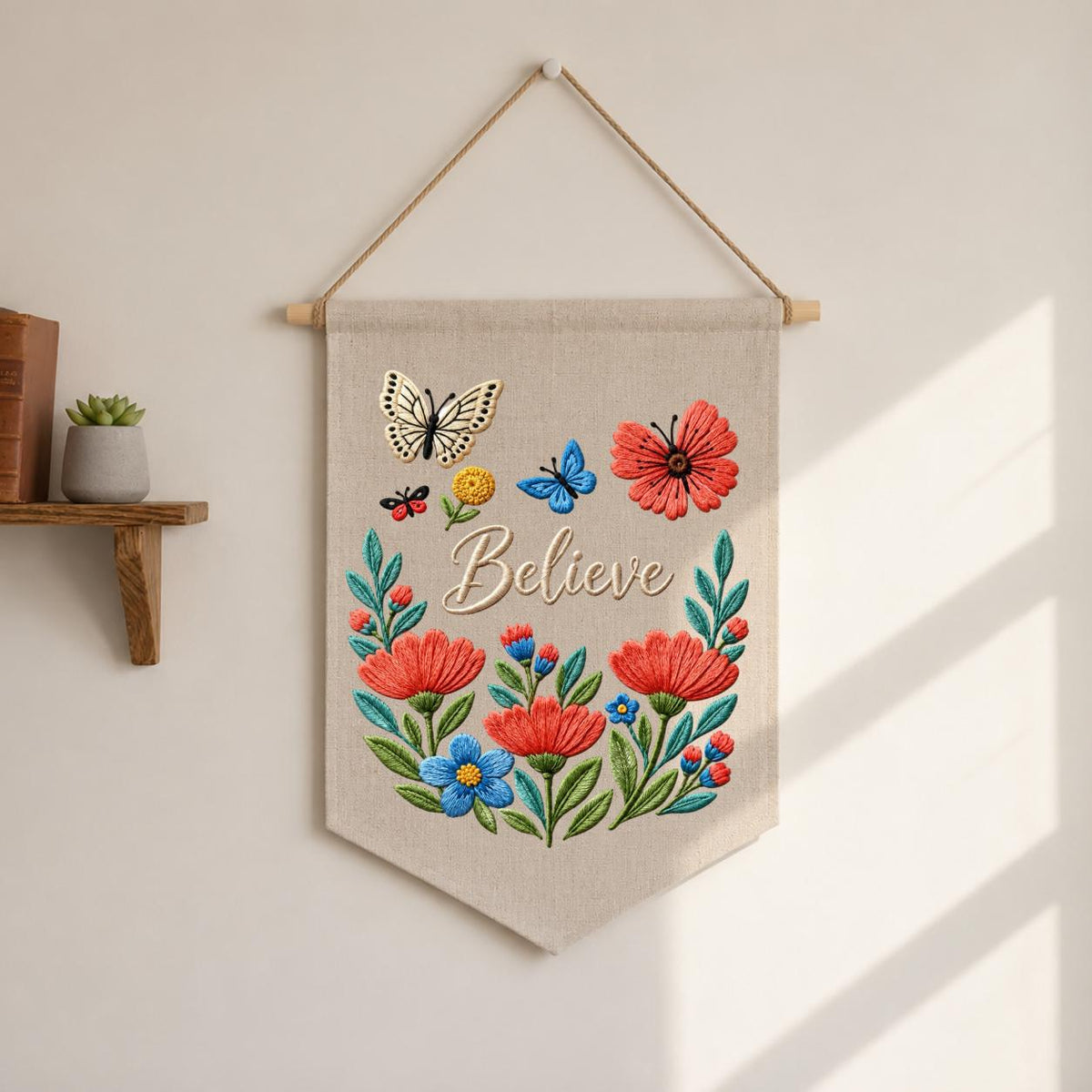 Personalized Believe Floral Wall Hanging Banner Embroidered Butterfly Garden Decor Inspirational Quote Pennant Gift for Bedroom Nursery Home