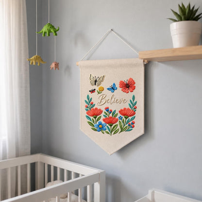 Personalized Believe Floral Wall Hanging Banner Embroidered Butterfly Garden Decor Inspirational Quote Pennant Gift for Bedroom Nursery Home