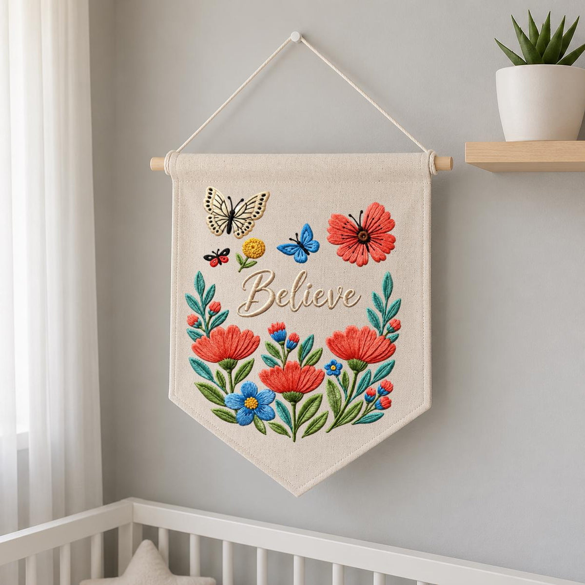 Personalized Believe Floral Wall Hanging Banner Embroidered Butterfly Garden Decor Inspirational Quote Pennant Gift for Bedroom Nursery Home