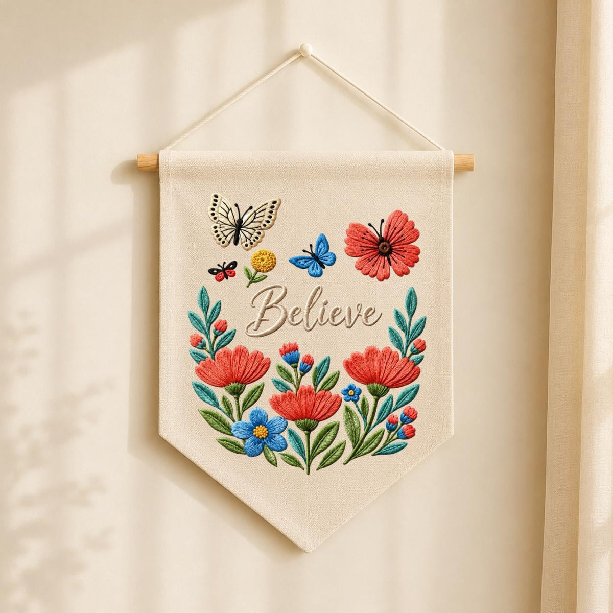 Personalized Believe Floral Wall Hanging Banner Embroidered Butterfly Garden Decor Inspirational Quote Pennant Gift for Bedroom Nursery Home