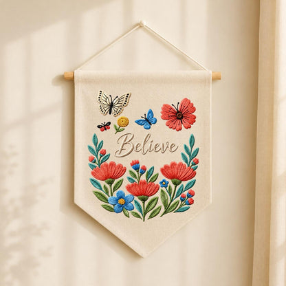 Personalized Believe Floral Wall Hanging Banner Embroidered Butterfly Garden Decor Inspirational Quote Pennant Gift for Bedroom Nursery Home