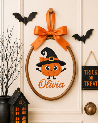 Personalized Pumpkin Witch Embroidered Ornament, Custom Halloween Name Hoop, Cute Pumpkin Decor, Halloween Gift for Kids, Fall Keepsake