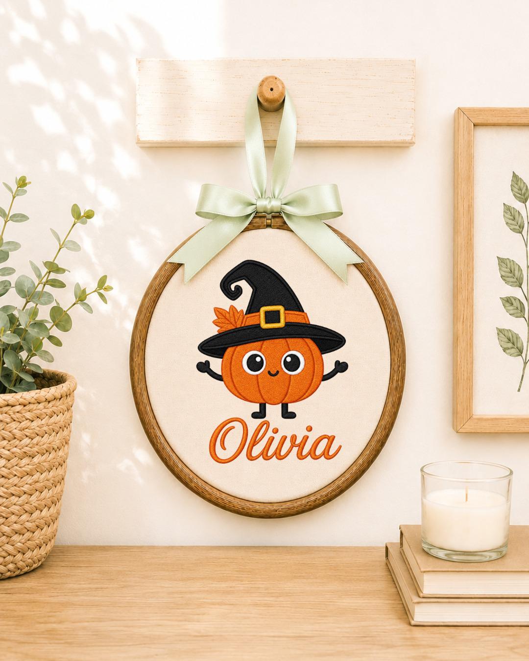 Personalized Pumpkin Witch Embroidered Ornament, Custom Halloween Name Hoop, Cute Pumpkin Decor, Halloween Gift for Kids, Fall Keepsake