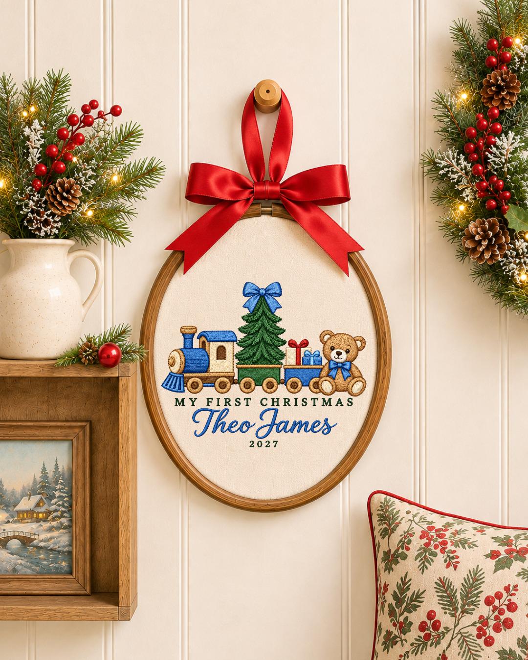 Personalized Baby First Christmas Embroidered Ornament, Custom Name Christmas Train Hoop, Teddy Bear Holiday Keepsake, Baby Boy Gift
