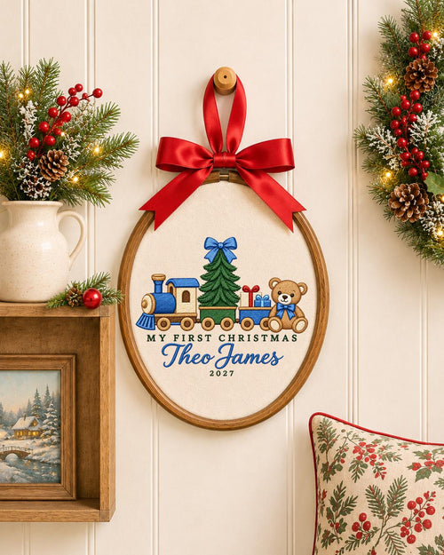 Personalized Baby First Christmas Embroidered Ornament, Custom Name Christmas Train Hoop, Teddy Bear Holiday Keepsake, Baby Boy Gift