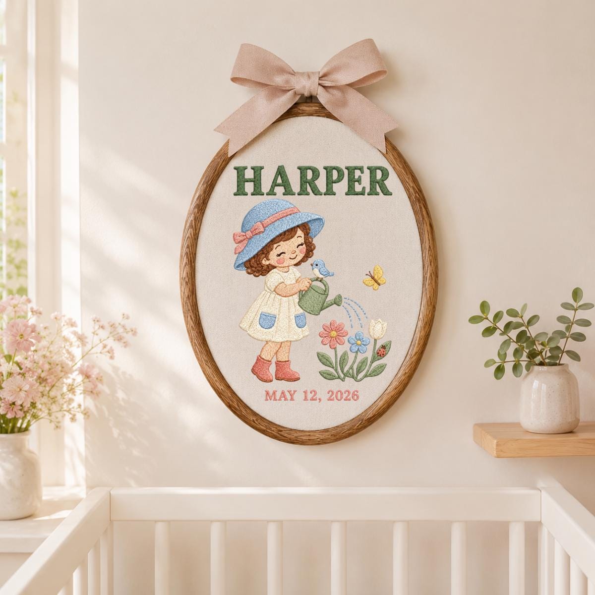Personalized Harper Girl Gardening Wall Hanging Embroidered Oval Hoop Decor Watering Flowers Nursery Room Gift Butterfly Garden Keepsake
